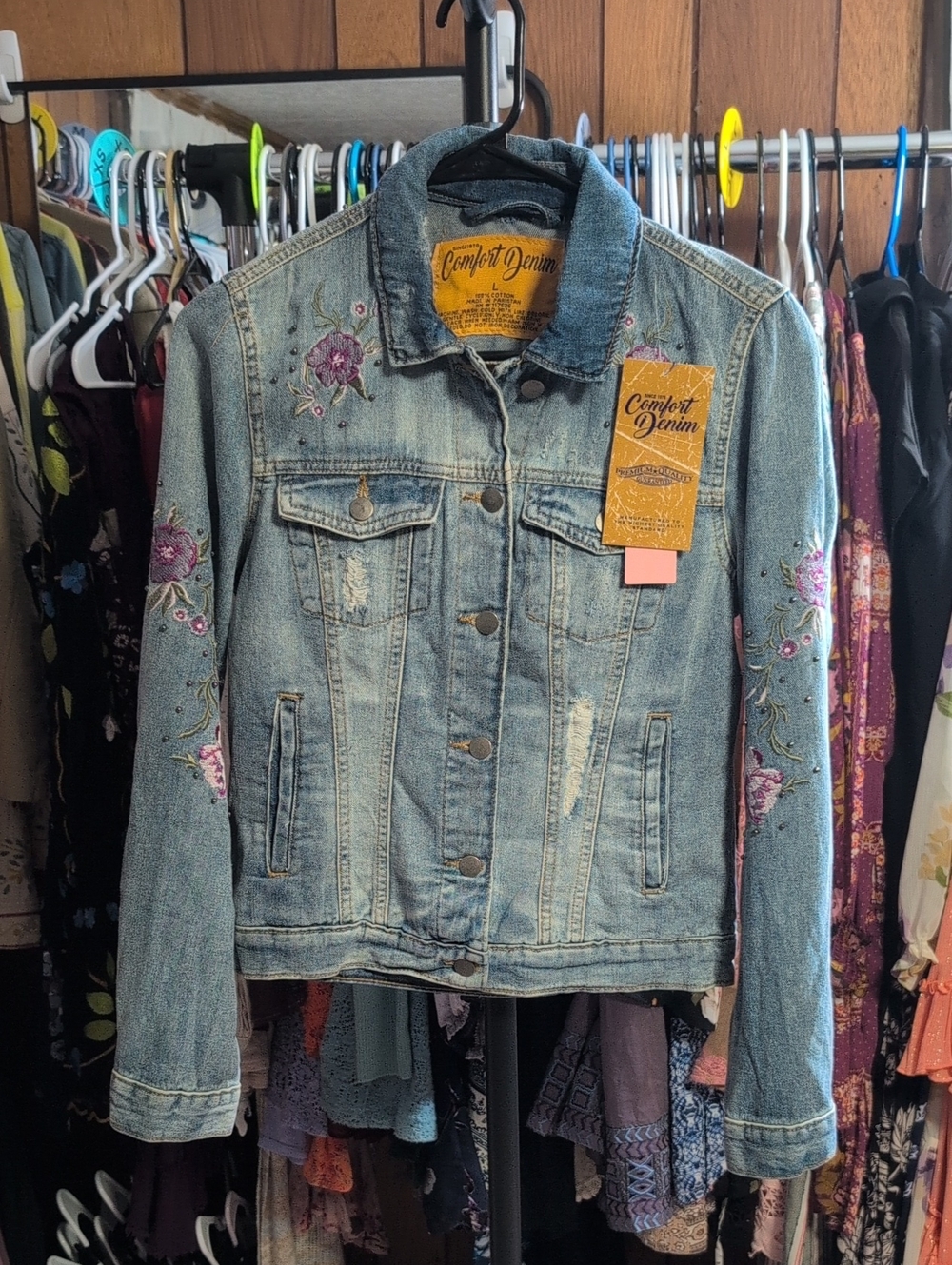 Comfort Denim Light Wash Embroidered Jean Jacket - Blue